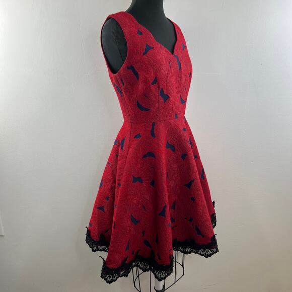 ALBERTO MAKALI Jacquard Fit & Flare Dress Red Blue Sleeveless Lace Trim Size 8 - Picture 7 of 12
